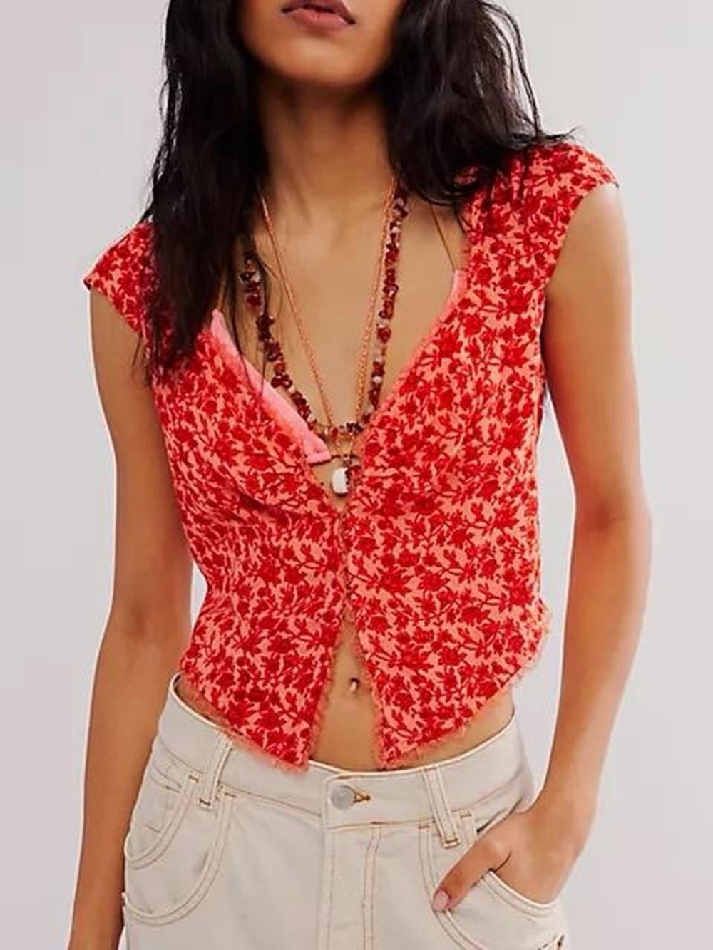 Free People Red Floral Cap Sleeve Crop Top